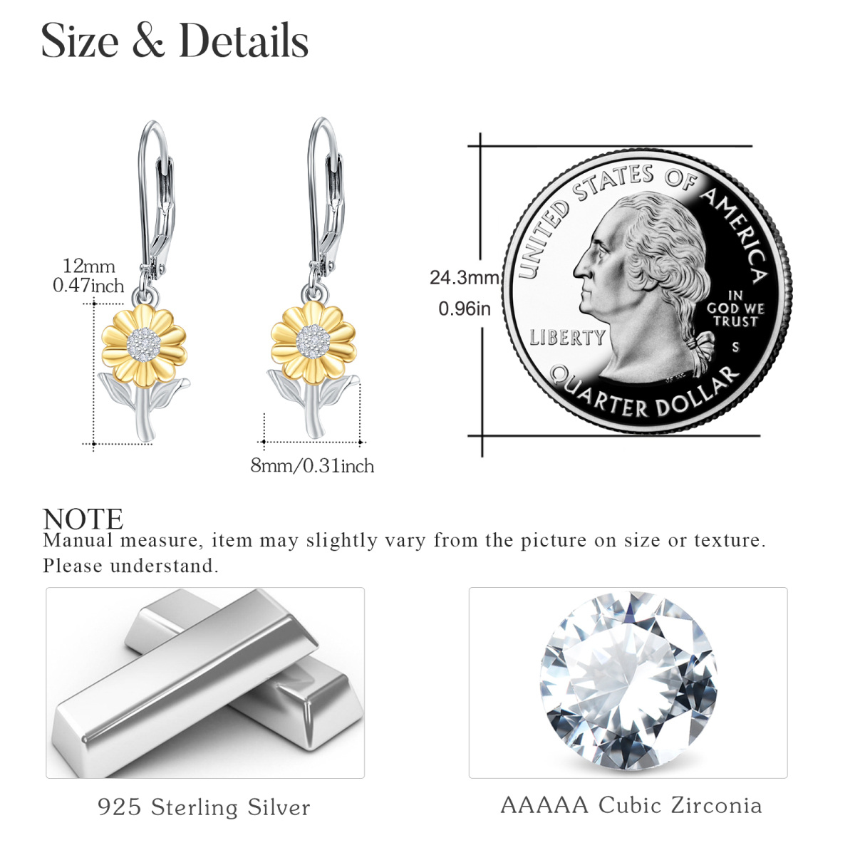 Sterling Silver Two-tone Circular Shaped Cubic Zirconia Sunflower Lever-back Earrings-6