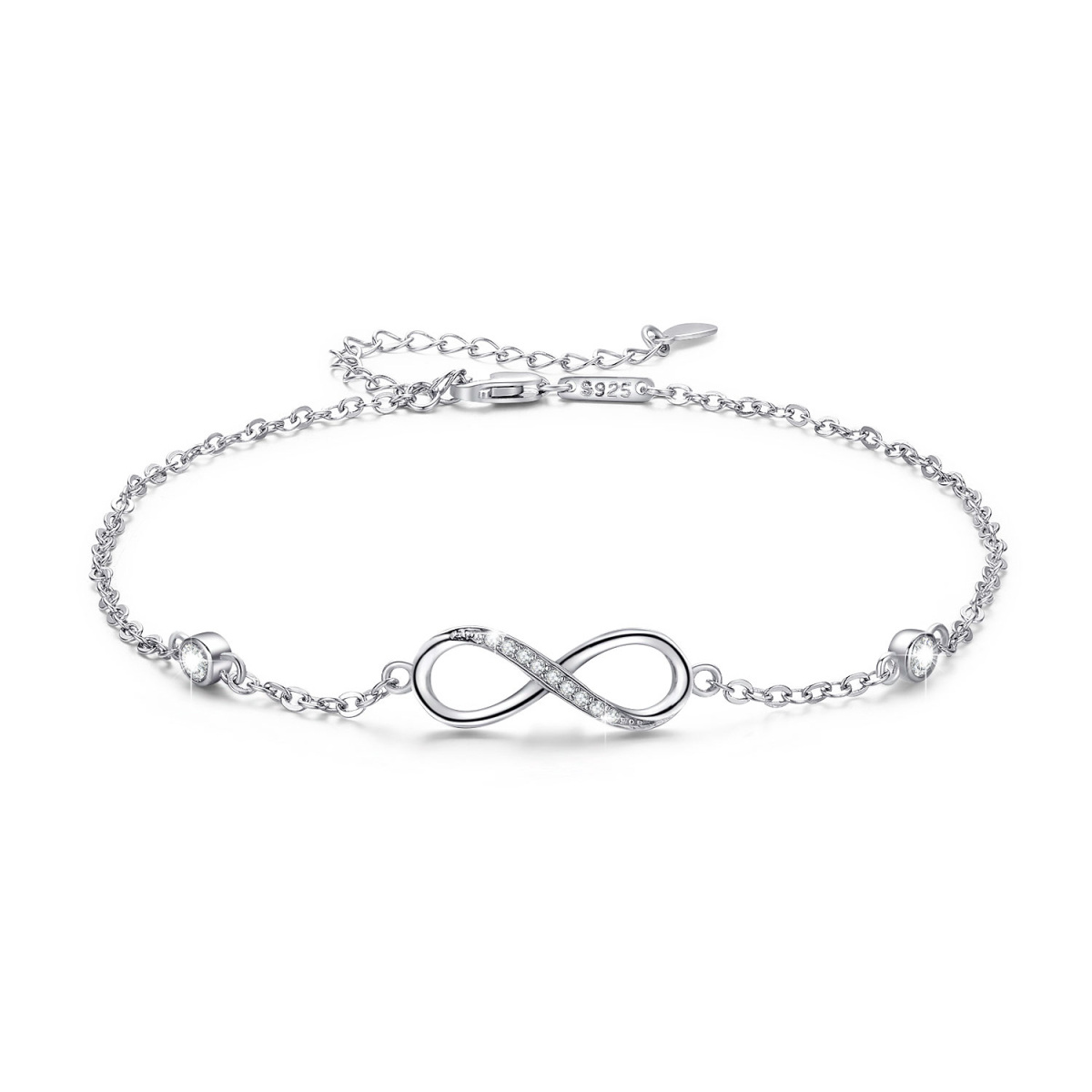 Sterling Silver Circular Shaped Cubic Zirconia Infinite Symbol Single Layer Anklet-1