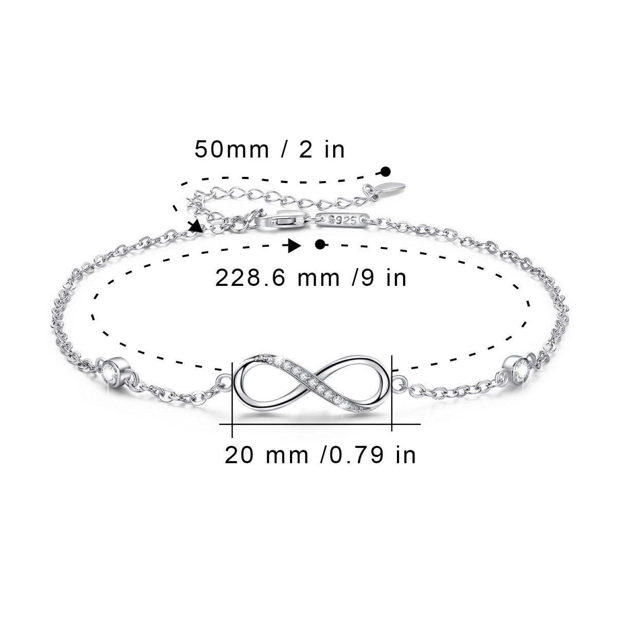 Sterling Silver Circular Shaped Cubic Zirconia Infinite Symbol Single Layer Anklet-6