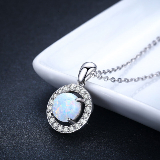 Sterling Silver Circular Shaped Opal Round Pendant Necklace-3