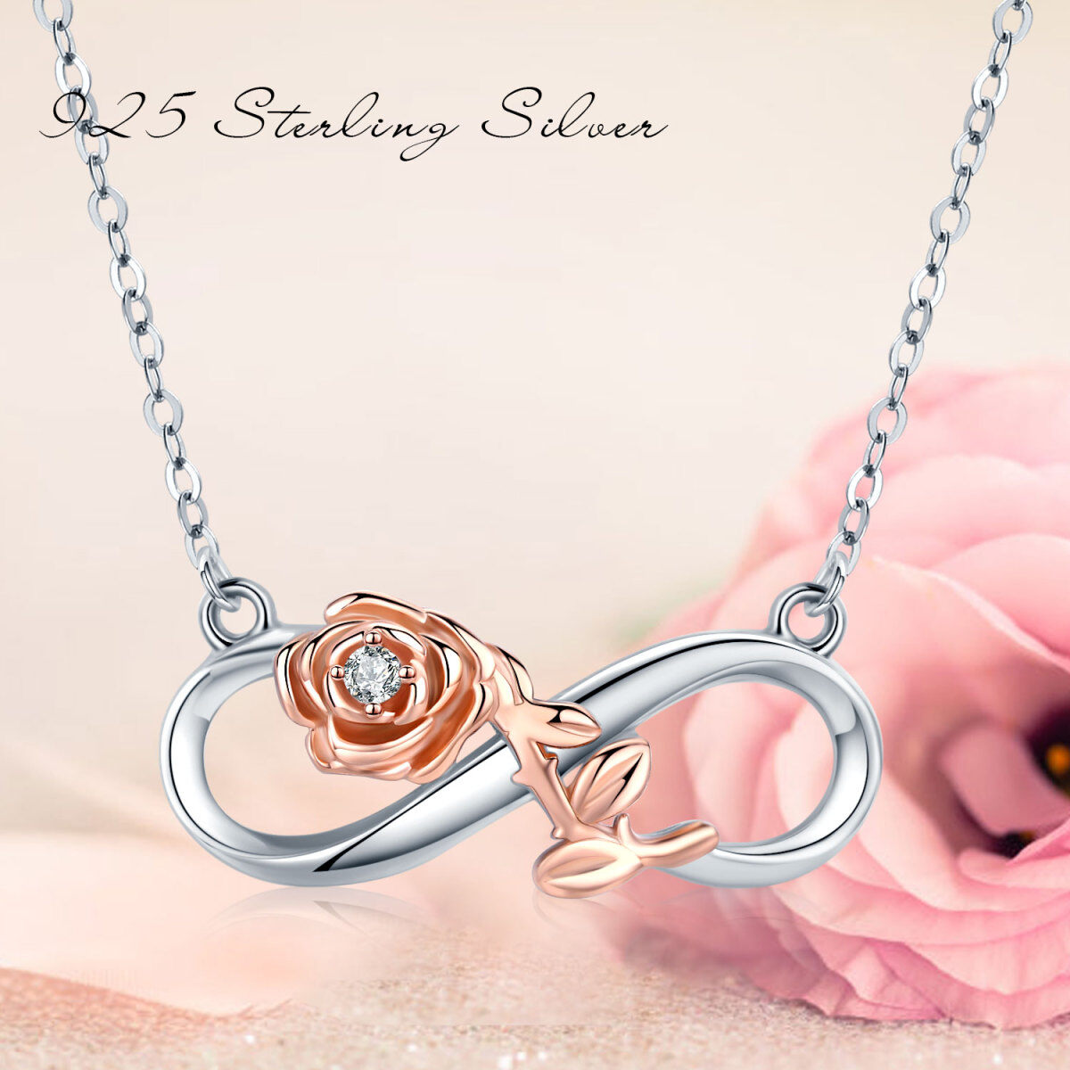 Sterling Silver Two-tone Circular Shaped Cubic Zirconia Rose & Infinity Symbol Pendant Necklace-6