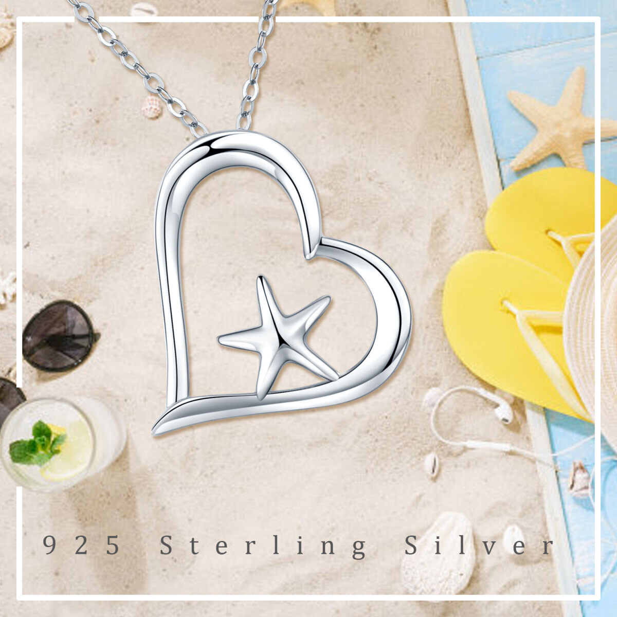 Sterling Silber Seestern & Herz-Anhänger Halskette-1