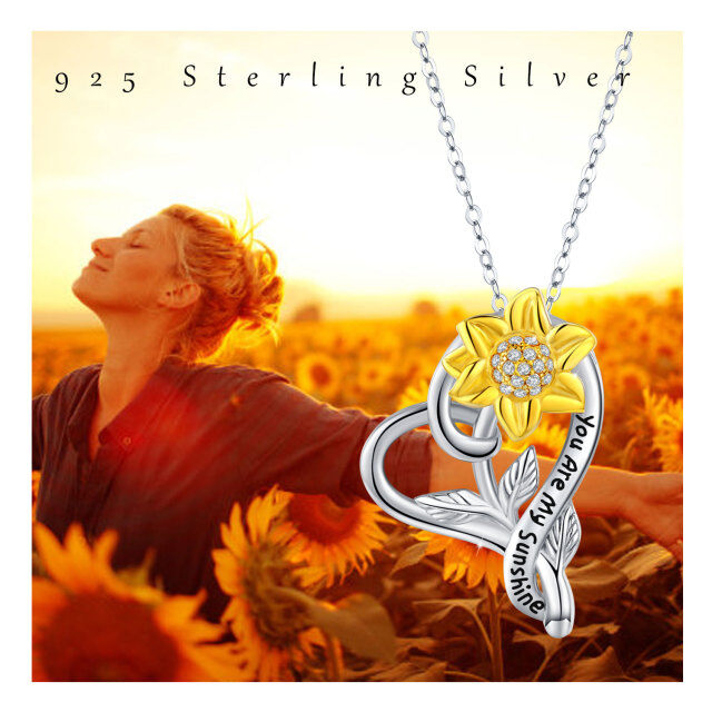 Sterling Silber Kreisförmige Halskette mit Sonnenblumen-Herz-Anhänger und eingraviertem Wort-4