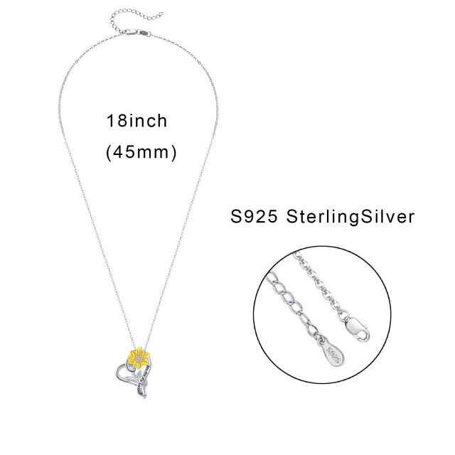 Sterling Silver Two-tone Circular Shaped Cubic Zirconia Sunflower & Heart Pendant Necklace with Engraved Word-7