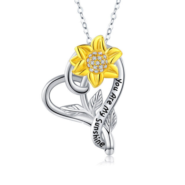 Sterling Silver Two-tone Circular Shaped Cubic Zirconia Sunflower & Heart Pendant Necklace with Engraved Word-1