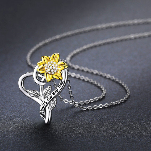 Sterling Silver Two-tone Circular Shaped Cubic Zirconia Sunflower & Heart Pendant Necklace with Engraved Word-4