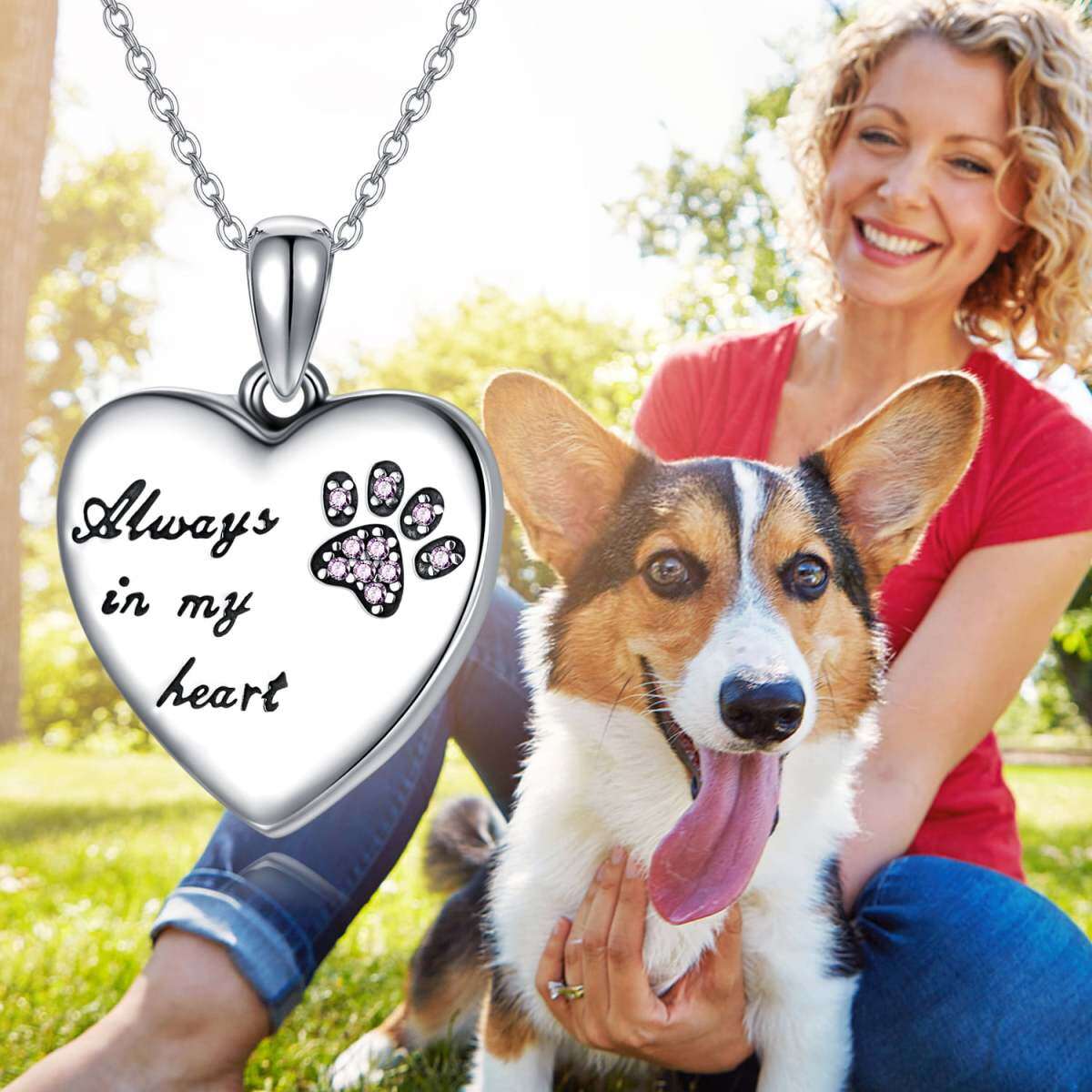 Sterling Silver Cubic Zirconia Paw Urn Necklace for Ashes with Engraved Word-5