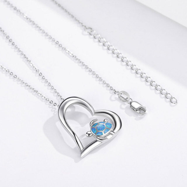 Sterling Silver Opal Sea Turtle & Heart Pendant Necklace-3