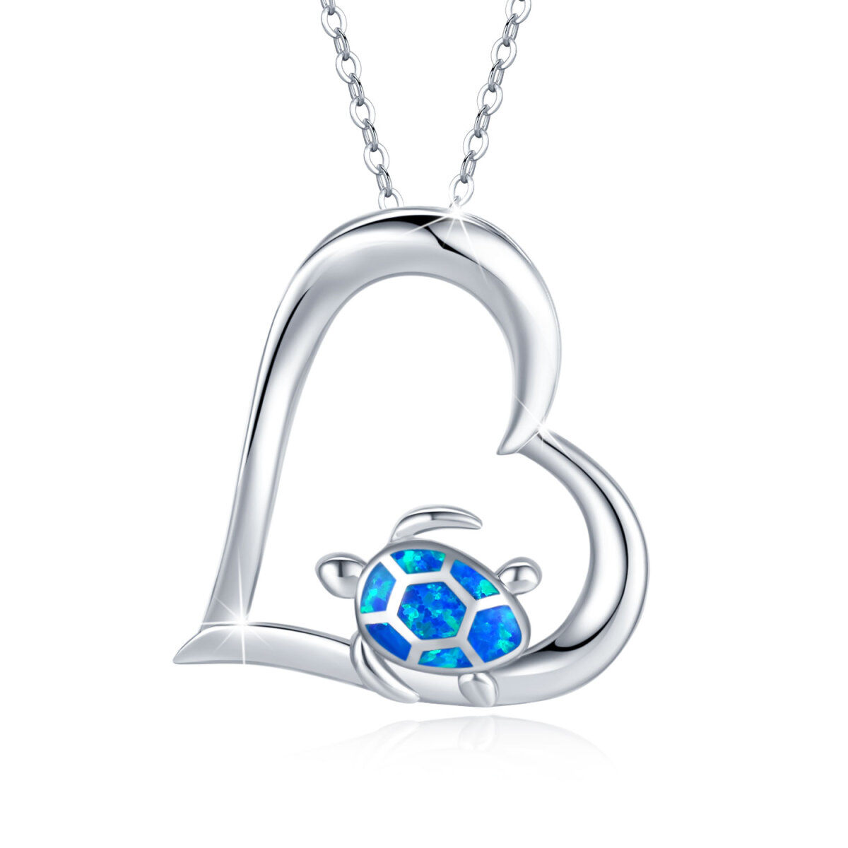 Sterling Silver Opal Sea Turtle & Heart Pendant Necklace-1