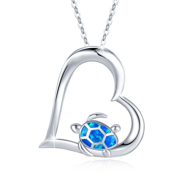 Sterling Silver Opal Sea Turtle & Heart Pendant Necklace-0