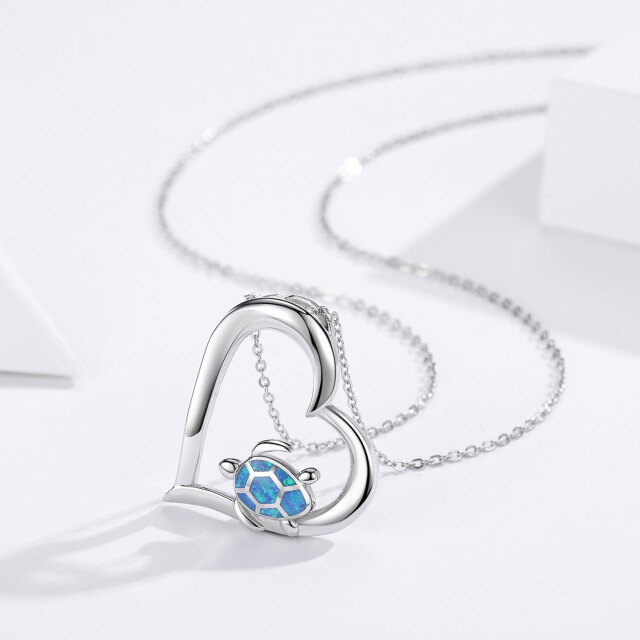 Sterling Silver Opal Sea Turtle & Heart Pendant Necklace-2