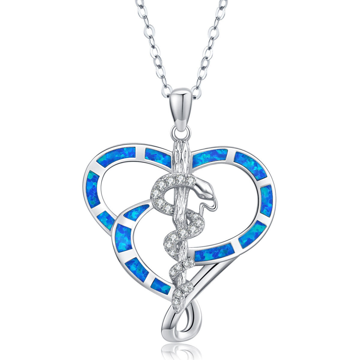 Sterling Silver Heart Shaped Opal Snake Pendant Necklace-1