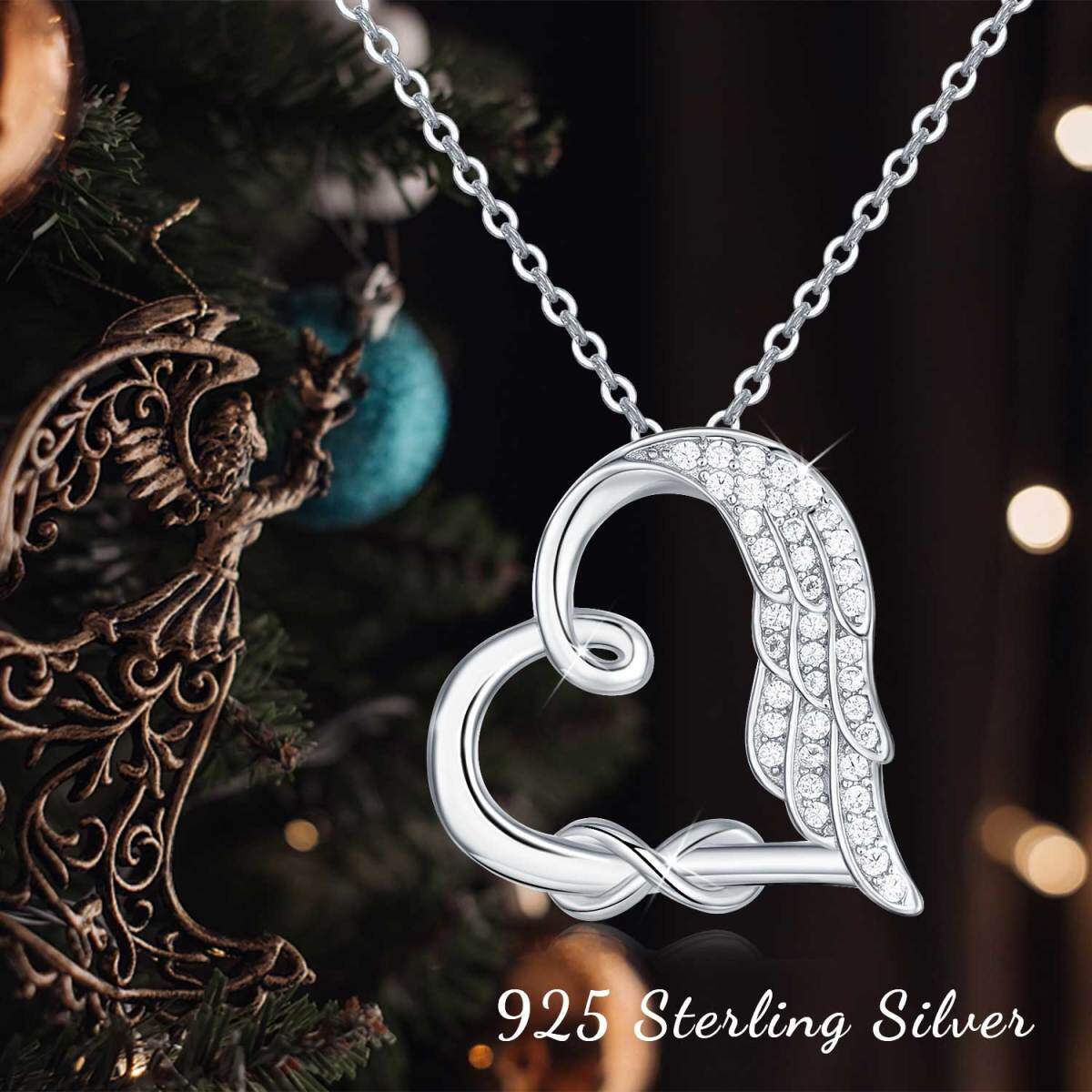 Sterling Silver Circular Shaped Cubic Zirconia Angel Wing & Heart Pendant Necklace-5