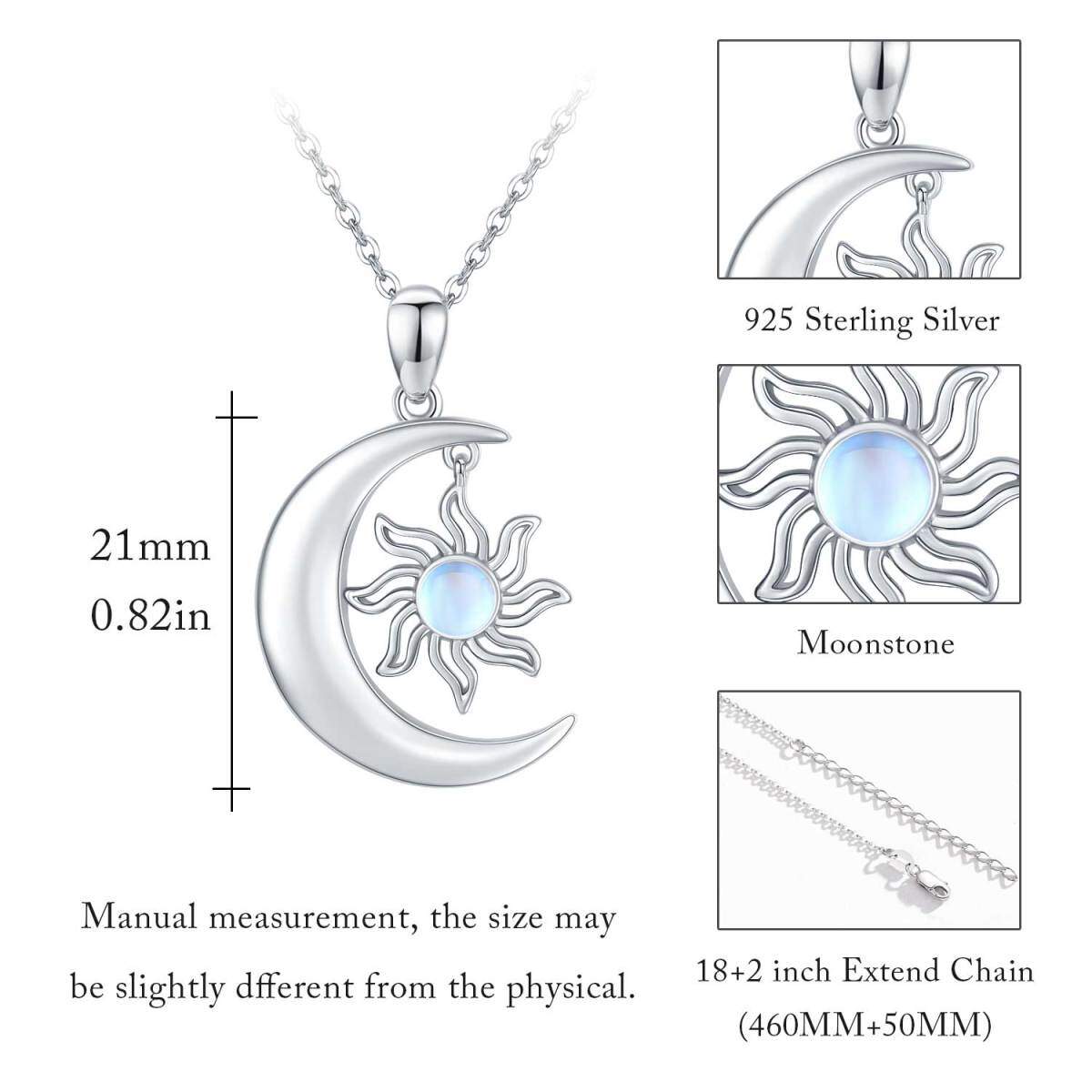 Sterling Silver Round Moonstone Moon & Sun Pendant Necklace-7