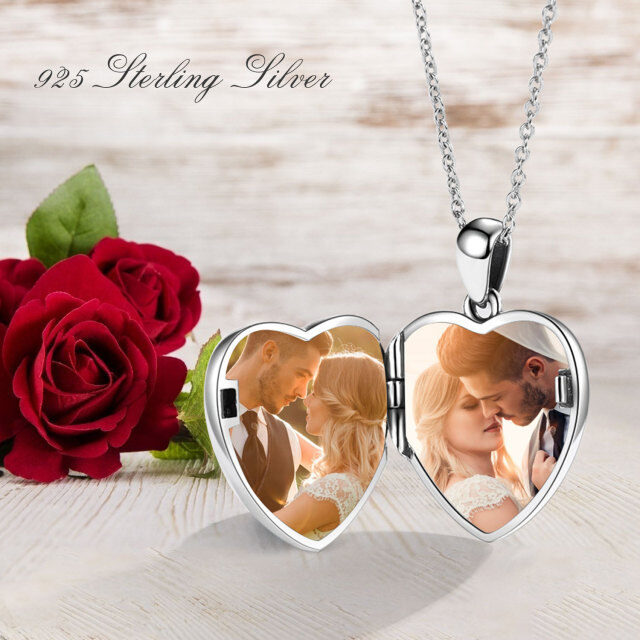 Sterling Silver Rose & Heart Personalized Photo Locket Necklace Engraving Forever in My Heart-3