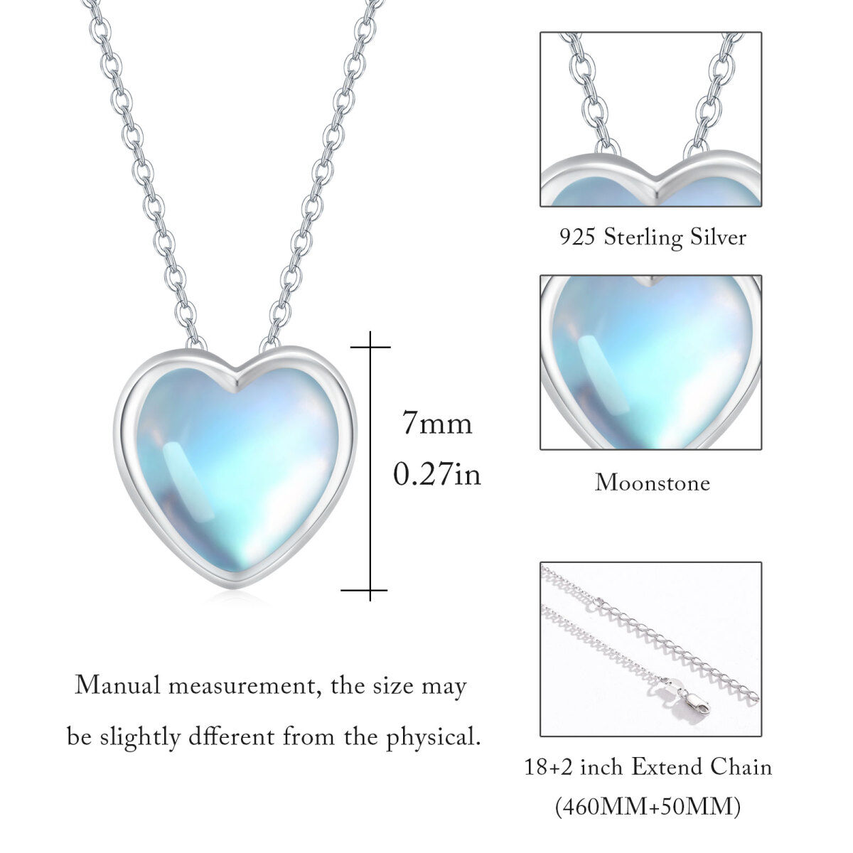 Sterling Silver Heart Shaped Moonstone Heart Pendant Necklace-5