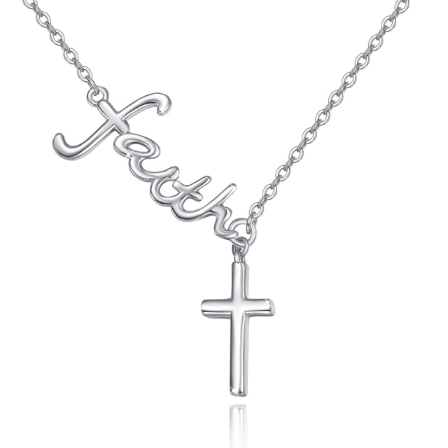 Sterling Silver Cross Non-adjustable Y-Necklace with Engraved Word-0
