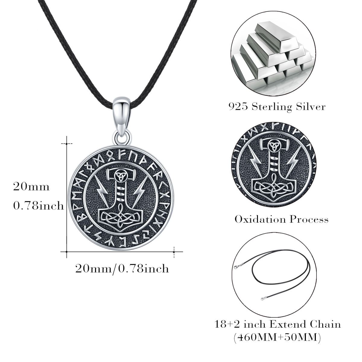 Sterling Silver Thor's Hammer & Viking Rune Pendant Necklace for Men-6