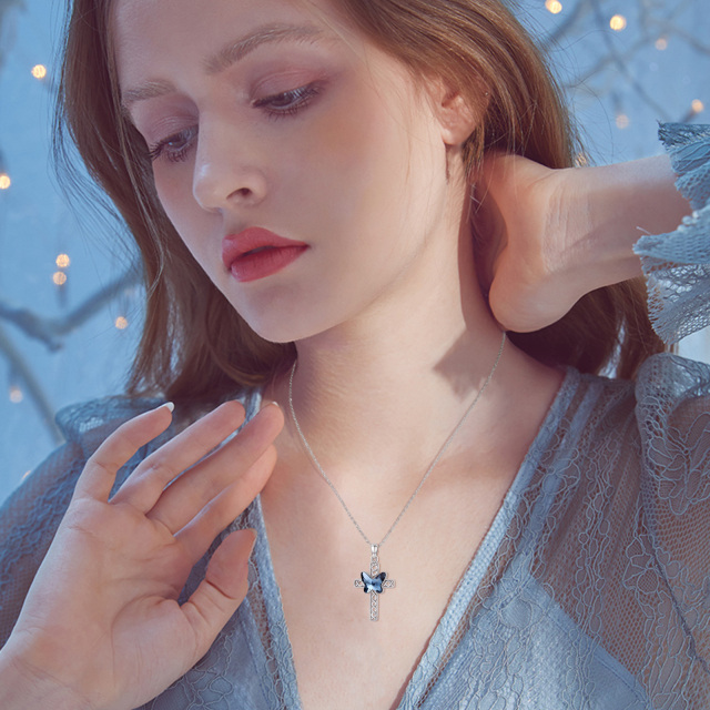 Sterling Silber Kristall Schmetterling & Kreuz Urne Halskette für Asche-3