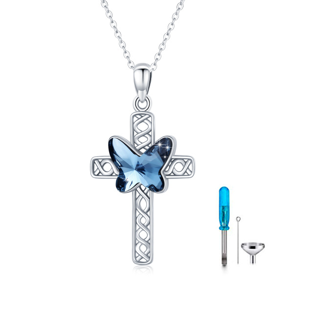 Sterling Silber Kristall Schmetterling & Kreuz Urne Halskette für Asche-0