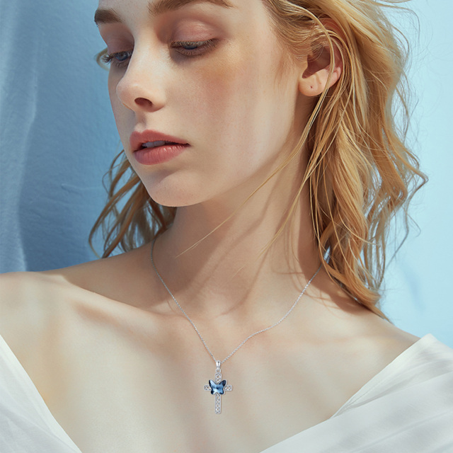 Sterling Silber Kristall Schmetterling & Kreuz Urne Halskette für Asche-1