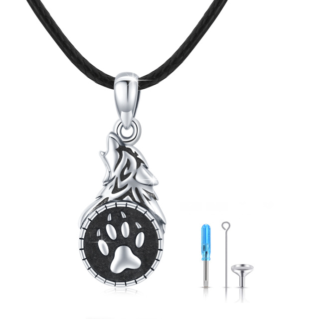 Sterling Silver Paw & Wolf Urn Necklace for Ashes for Men-0