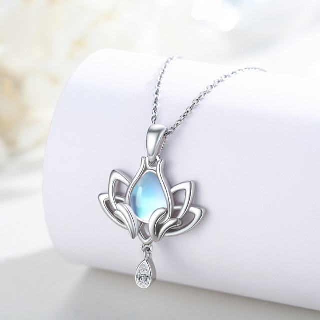 Sterling Silver Pear Shaped Cubic Zirconia & Moonstone Lotus & Drop Shape Pendant Necklace-2