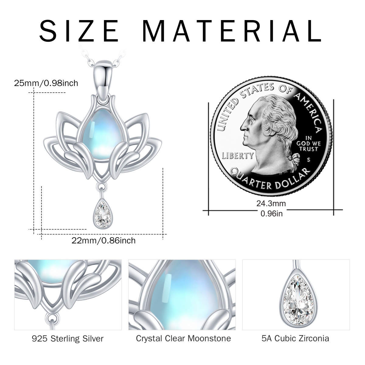 Sterling Silver Pear Shaped Cubic Zirconia & Moonstone Lotus & Drop Shape Pendant Necklace-4