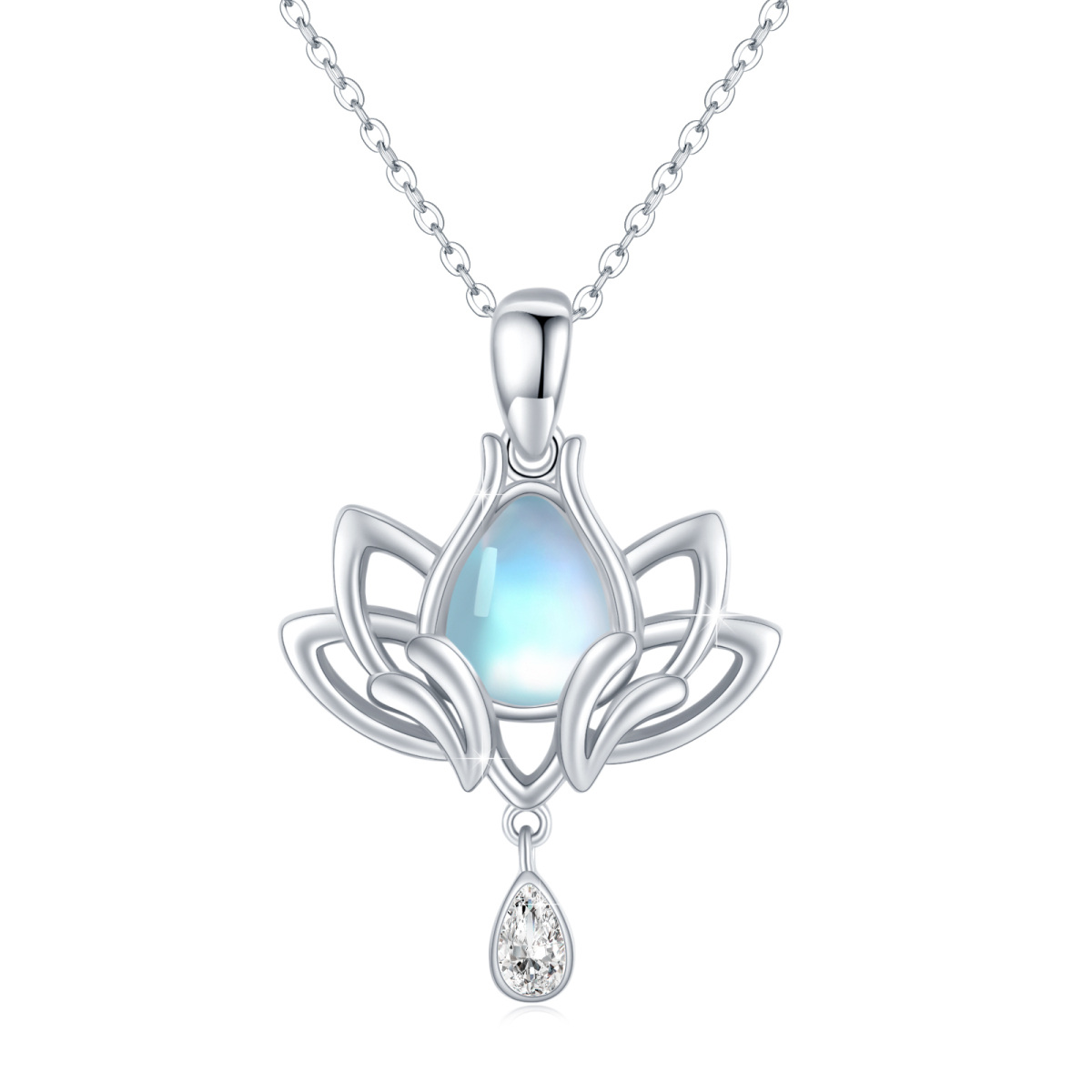 Sterling Silver Pear Shaped Cubic Zirconia & Moonstone Lotus & Drop Shape Pendant Necklace-1