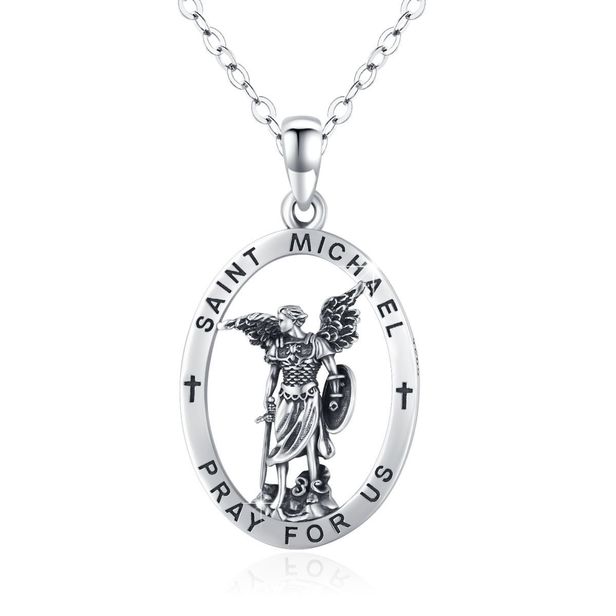 Sterling Silver Saint Michael Pendant Necklace with Cable Chain for Men-1