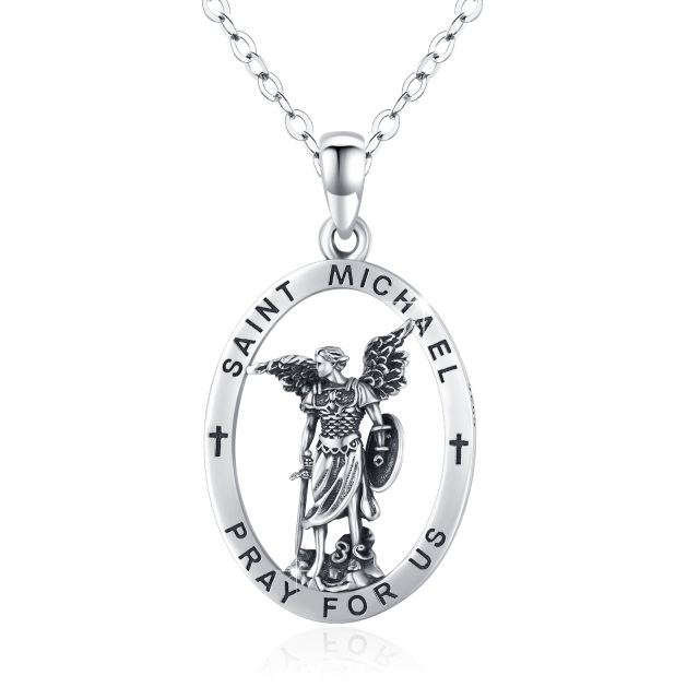Sterling Silver Saint Michael Pendant Necklace with Cable Chain for Men-0