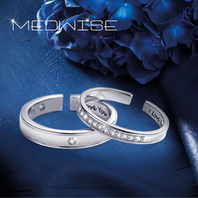 Sterling Silver Circular Shaped Cubic Zirconia Couple Couple Rings with Engraved Word-3