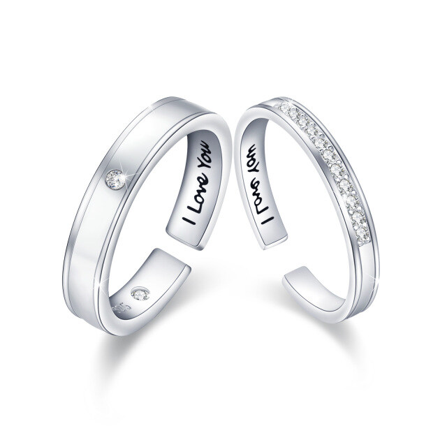 Sterling Silver Circular Shaped Cubic Zirconia Couple Couple Rings with Engraved Word-0