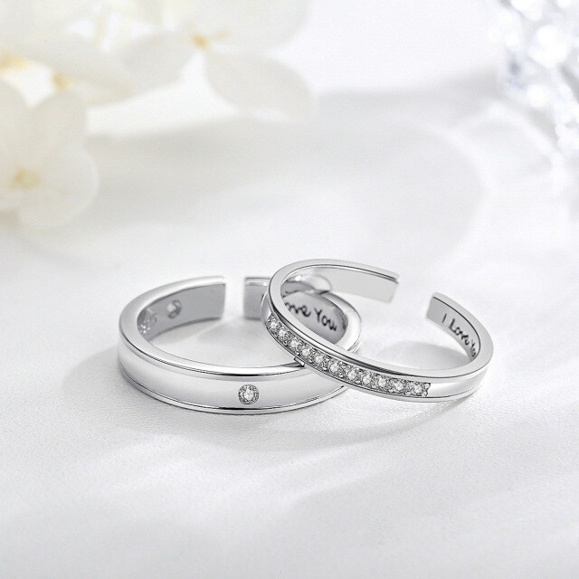 Sterling Silver Circular Shaped Cubic Zirconia Couple Couple Rings with Engraved Word-2