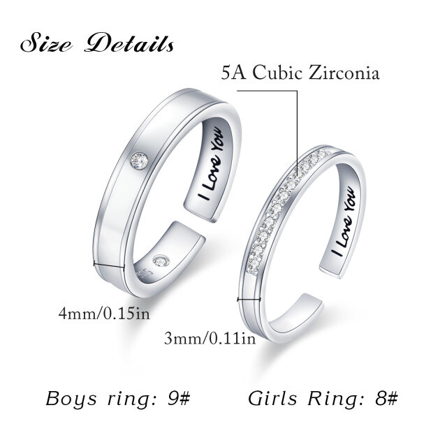 Sterling Silver Circular Shaped Cubic Zirconia Couple Couple Rings with Engraved Word-4