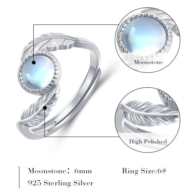 Sterling Silver Round Moonstone Feather Ring-3