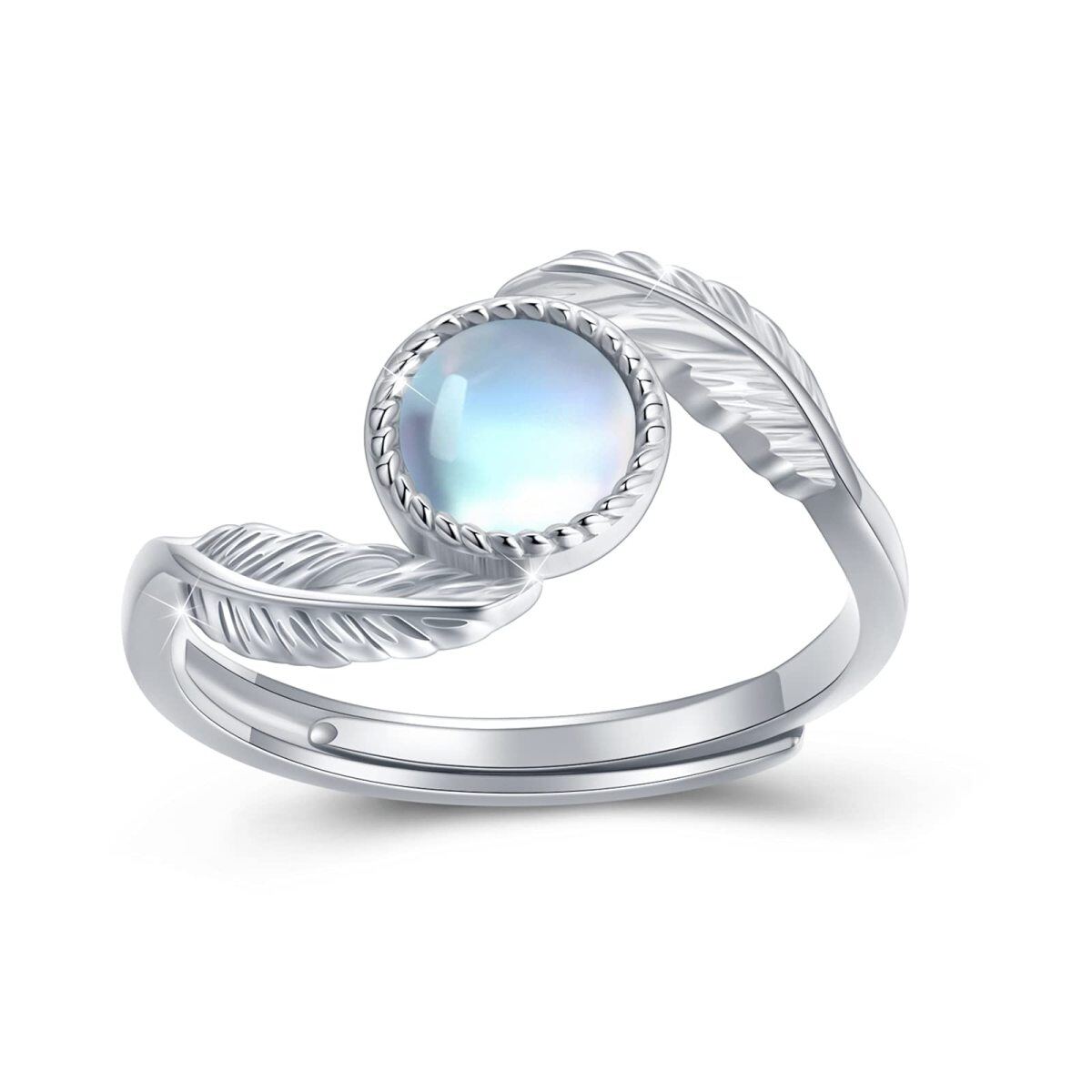 Sterling Silver Round Moonstone Feather Ring-1