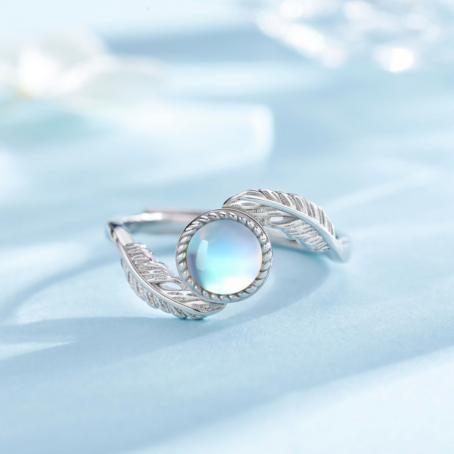 Sterling Silver Round Moonstone Feather Ring-2