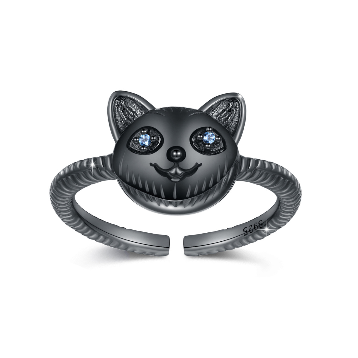 Sterling Silver with Black Plated Cubic Zirconia Cat Open Ring-1