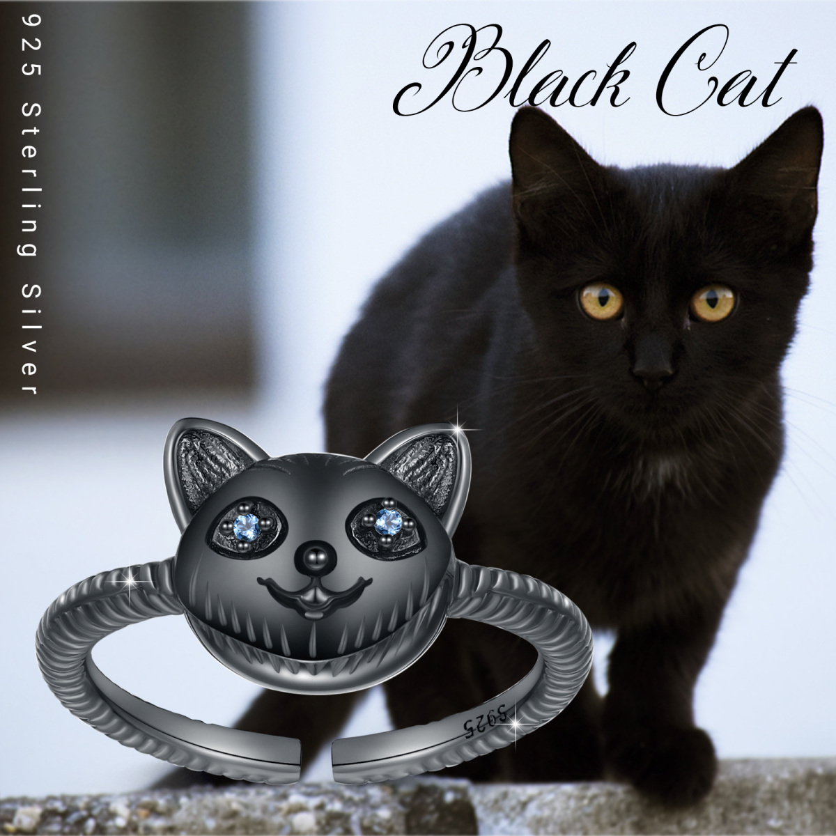 Sterling Silver with Black Plated Cubic Zirconia Cat Open Ring-5