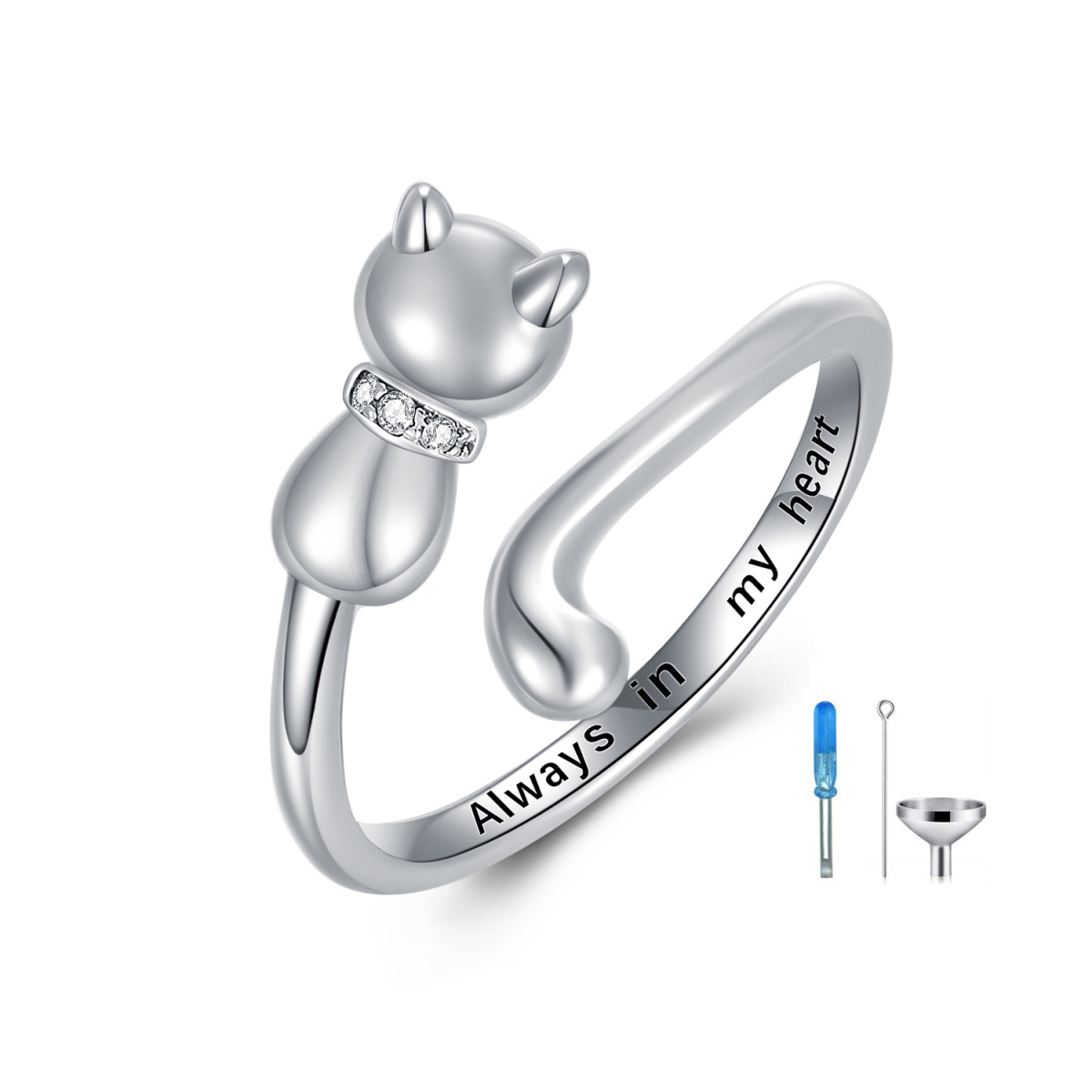 Sterling Silver Circular Shaped Cubic Zirconia Cat Urn Ring with Engraved Word-1