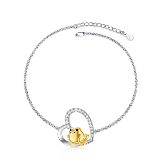 Sterling Silver Two-tone Circular Shaped Cubic Zirconia Frog & Heart Pendant Bracelet