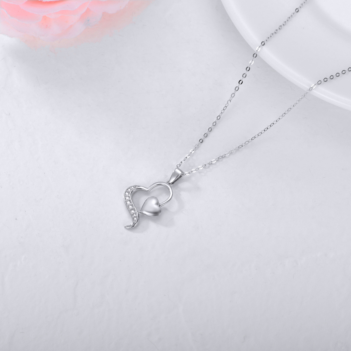 14K White Gold Diamond Heart With Heart Pendant Necklace-5