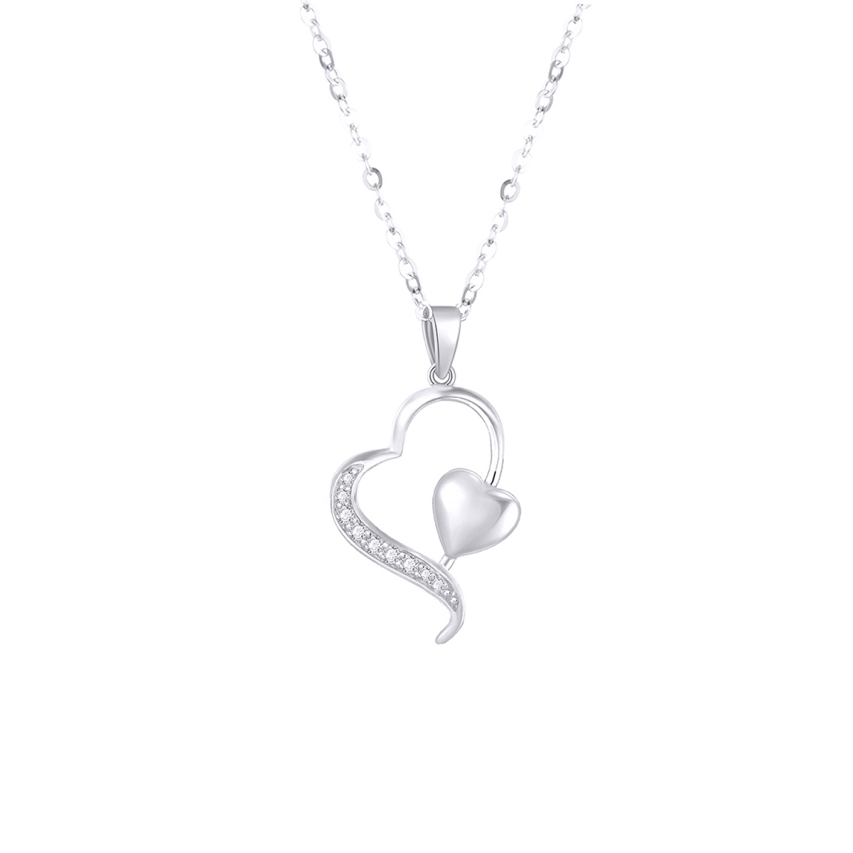 14K Weißgold Diamant Herz mit Herz-Anhänger Halskette-1