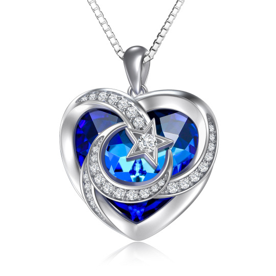 Sterling Silver Heart Shaped Heart & Moon Crystal Pendant Necklace