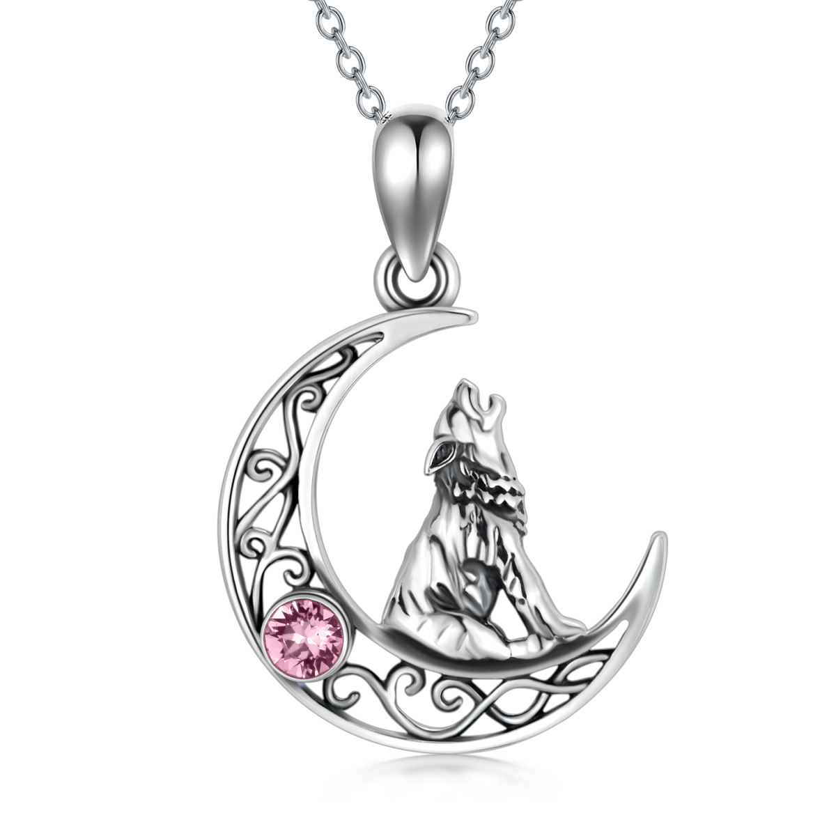 Sterling Silver Circular Shaped Crystal Wolf & Moon Pendant Necklace-1
