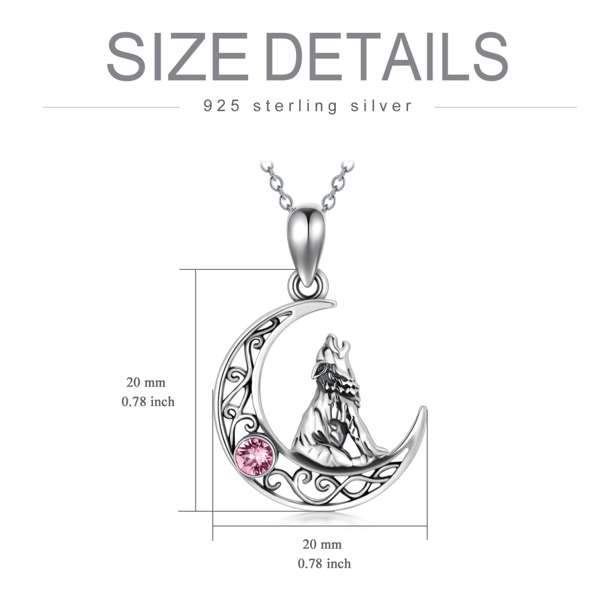 Sterling Silver Circular Shaped Crystal Wolf & Moon Pendant Necklace-6