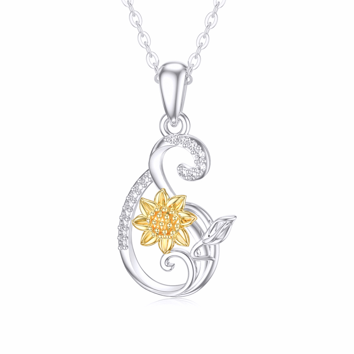 14K White Gold & Yellow Gold Circular Shaped Moissanite Sunflower Pendant Necklace-1