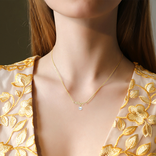 10K Gold Moissanite & Pearl Leaves Pendant Necklace-2
