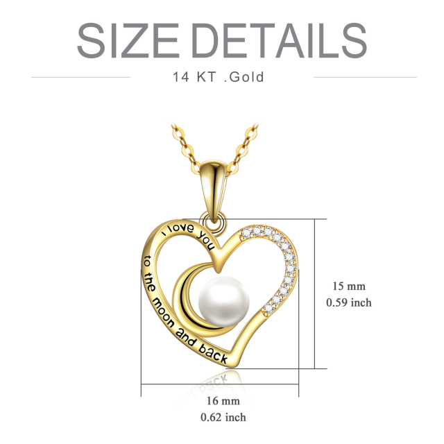 14K Gold Circular Shaped Pearl Heart & Moon Pendant Necklace with Engraved Word-4